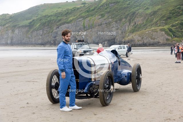 1925 Sunbeam 350 hp at Pendine Sands 2015 with model in costume. Creator: Unknown.