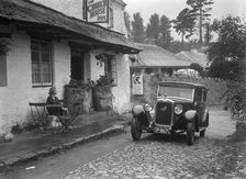 1931 Austin 16/6 on a road test, parked outside the Church House Inn, Stoke Gabriel, Devon. Artist: Bill Brunell