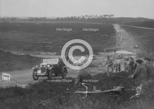 1931 Morris Minor open 2-seater competing in a motoring trial, Bagshot Heath, Surrey, 1930s. Artist: Bill Brunell.
