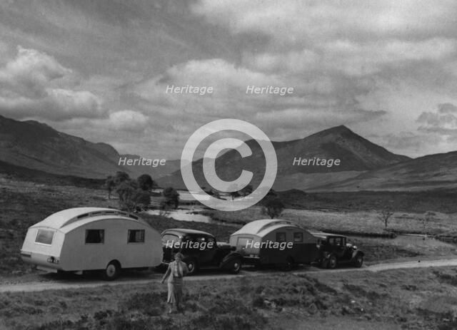 1936 Austin Twenty with caravan and 1936 Oldsmobile Eight with caravan. Creator: Unknown.