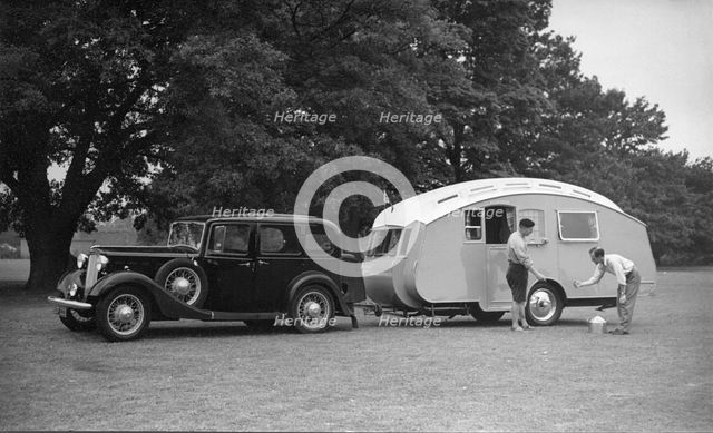 1936 Austin Twenty with caravan. Creator: Unknown.
