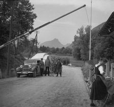 1937 Mercedes Benz 260D Cabriolet towing caravan. Creator: Unknown