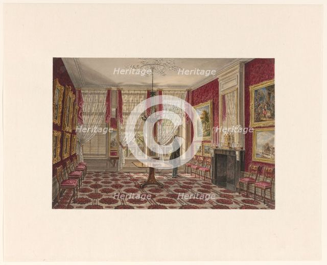 19th century interior with paintings and standing figure, 1842-1848. Creator: Augustus Wijnantz.