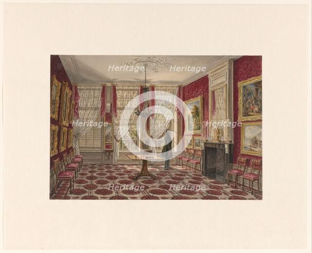 19th century interior with paintings and standing figure, 1842-1848. Creator: Augustus Wijnantz.