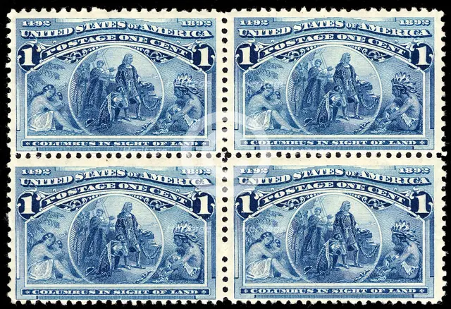 1c Columbus in Sight of Land block of four, 1893. Creator: Unknown.