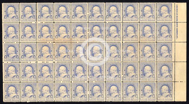 1c Franklin imprint block of fifty, 1890. Creator: American Bank Note Company.
