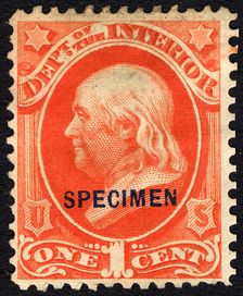 1c Franklin Interior Department special printing single, 1875. Creator: Unknown