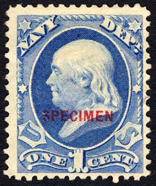 1c Franklin Navy Department special printing single, 1875. Creator: Unknown