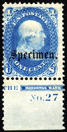 1c Franklin "Specimen" overprint single, 1861. Creator: Unknown