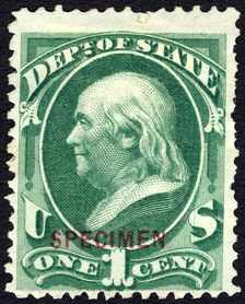1c Franklin State Department special printing single, 1875. Creator: Unknown