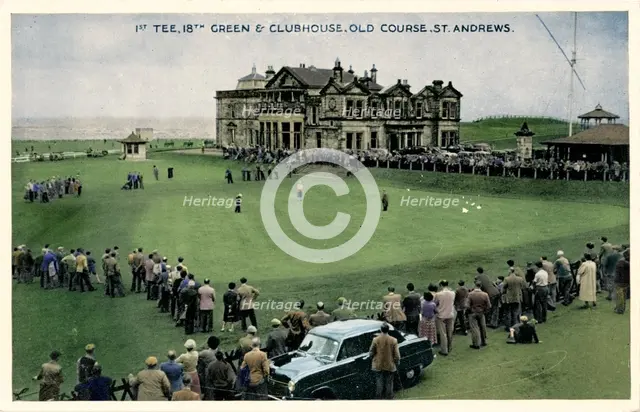 '1st Tee, 18th Green & Clubhouse, Old Course, St. Andrews', c1955. Artist: Unknown.