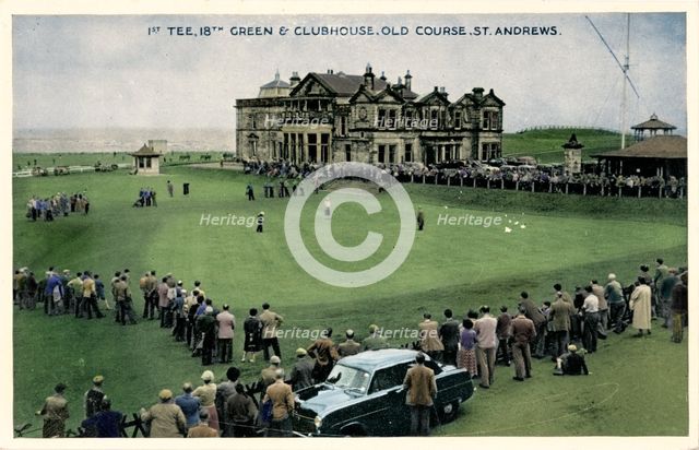 '1st Tee, 18th Green & Clubhouse, Old Course, St. Andrews', c1955. Artist: Unknown.