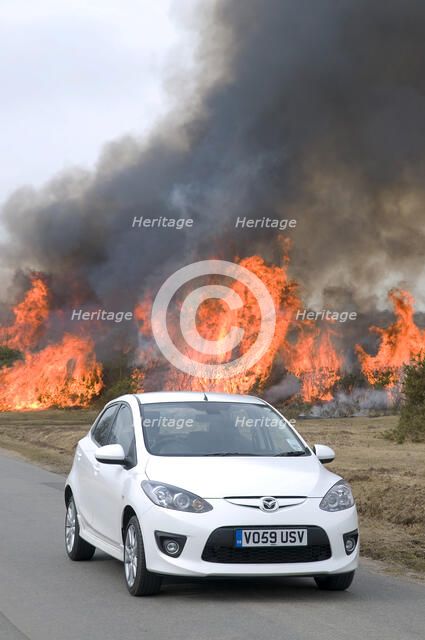 2010 Mazda 2 Sport, controlled burning in New Forest Artist: Unknown.