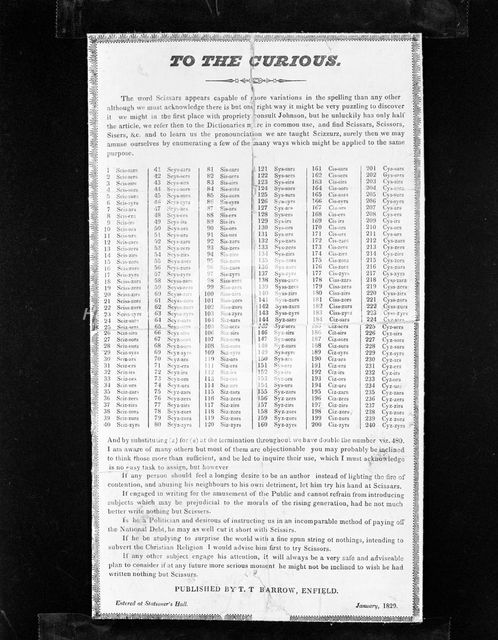 240 ways to spell scissors, newspaper cutting from 1829, copied in 1963.  Artist: Michael Walters