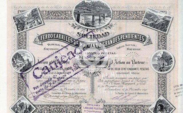 250 pesetas share from the Sociedad Ferrocarriles de Montaña a Grandes Pendientes, S.A., Barcelon…