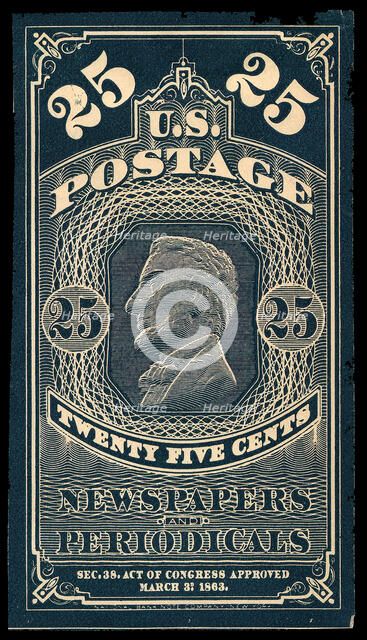 25c Abraham Lincoln Newspapers and Periodicals trial color proof, 1865. Creator: Unknown.