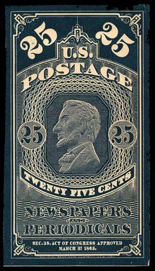 25c Abraham Lincoln Newspapers and Periodicals trial color proof, 1865. Creator: Unknown