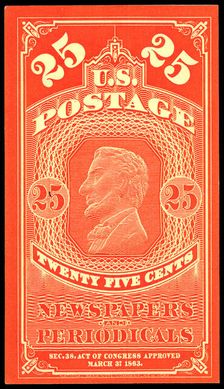 25c Abraham Lincoln Newspapers and Periodicals trial color proof, 1865. Creator: Unknown