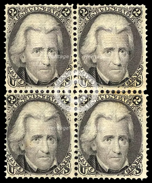 2c Andrew Jackson F Grill block of four, 1868. Creator: Unknown.