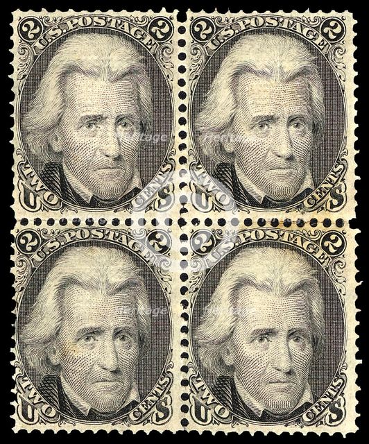 2c Andrew Jackson F Grill block of four, 1868. Creator: Unknown.