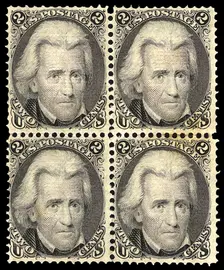 2c Andrew Jackson F Grill block of four, 1868. Creator: Unknown