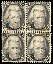 2c Andrew Jackson F Grill block of four, 1868. Creator: Unknown