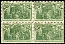 $3 Columbus Describing His Third Voyage block of four, 1893. Creator: Unknown