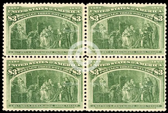 $3 Columbus Describing His Third Voyage block of four, 1893. Creator: Unknown.