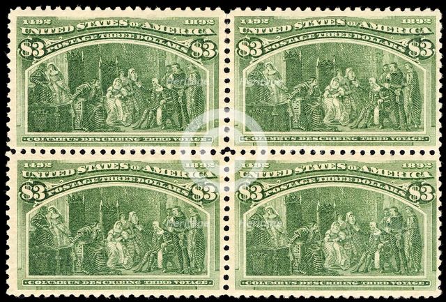 $3 Columbus Describing His Third Voyage block of four, 1893. Creator: Unknown.