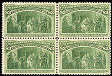 $3 Columbus Describing His Third Voyage block of four, 1893. Creator: Unknown