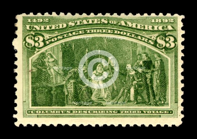 $3 Columbus Describing His Third Voyage single, 1893. Creator: American Bank Note Company.