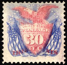 30c Shield, Eagle and Flags G Grill single, 1869. Creator: Unknown