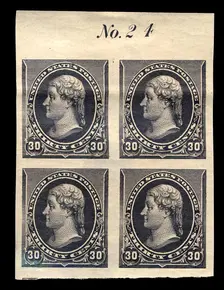30c Thomas Jefferson proof plate block of four, February 22, 1890. Creator: American Bank Note Company