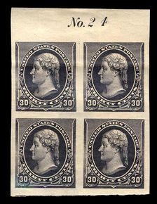 30c Thomas Jefferson proof plate block of four, February 22, 1890. Creator: American Bank Note Company