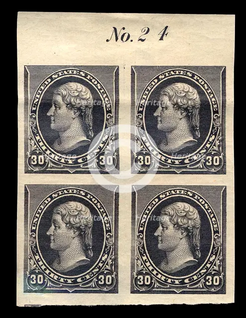 30c Thomas Jefferson proof plate block of four, February 22, 1890. Creator: American Bank Note Company.