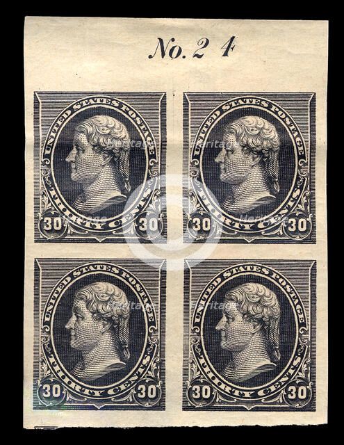 30c Thomas Jefferson proof plate block of four, February 22, 1890. Creator: American Bank Note Company.