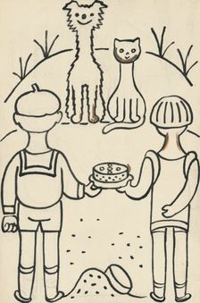 32. Talking about a dog and a cat, around 1928. Creator: Josef Capek