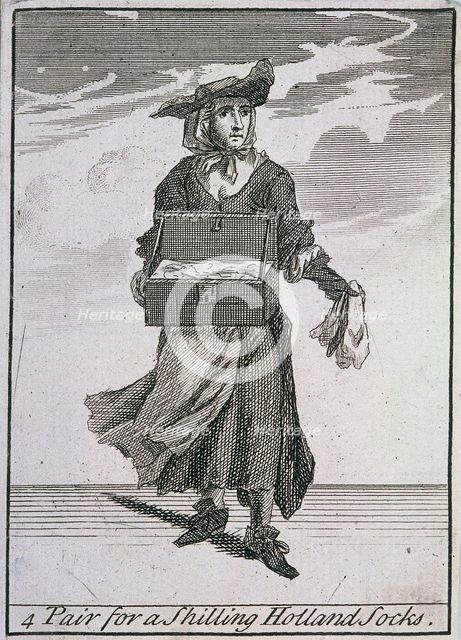'4 Pair for a Shilling Holland Socks', Cries of London, (c1688?). Artist: Anon