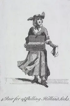 4 Pair for a Shilling Holland Socks Cries of London, (c1688?). Artist: Anon