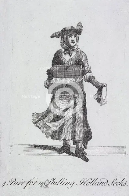 '4 Pair for a Shilling Holland Socks', Cries of London, (c1688?). Artist: Anon