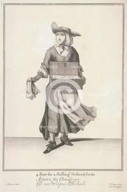 '4 Paire for a Shilling Holland Socks', Cries of London, (c1688?). Artist: Pierce Tempest