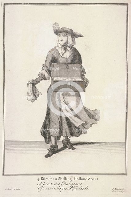 '4 Paire for a Shilling Holland Socks', Cries of London, (c1688?). Artist: Pierce Tempest