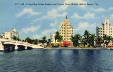 41st Street Bridge and ocean front hotels, Miami Beach, Florida, USA, 1946