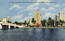 41st Street Bridge and ocean front hotels, Miami Beach, Florida, USA, 1946