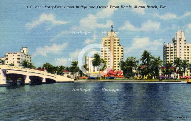 41st Street Bridge and ocean front hotels, Miami Beach, Florida, USA, 1946. Artist: Unknown