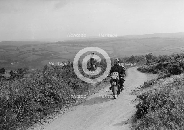 494 cc BMW motorcycle competing in the MCC Torquay Rally, 1938. Artist: Bill Brunell.