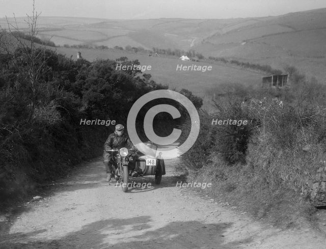 497 cc Ariel and sidecar of R Newman at the MCC Lands End Trial, Beggars Roost, Devon, 1936. Artist: Bill Brunell.