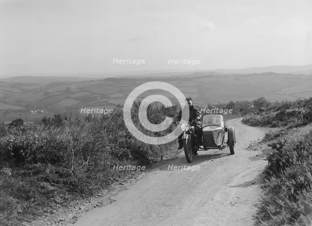 498 cc Coventry Eagle and sidecar of FW Osborne competing in the MCC Torquay Rally, 1938. Artist: Bill Brunell.
