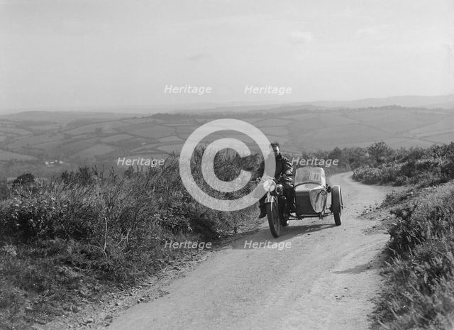 498 cc Coventry Eagle and sidecar of FW Osborne competing in the MCC Torquay Rally, 1938. Artist: Bill Brunell.