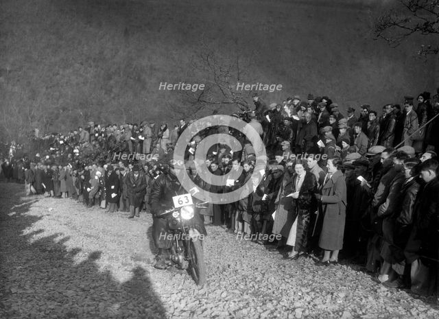 498 cc Levis of AJ Hicks competing in the MCC Lands End Trial, Beggars Roost, Devon, 1936. Artist: Bill Brunell.